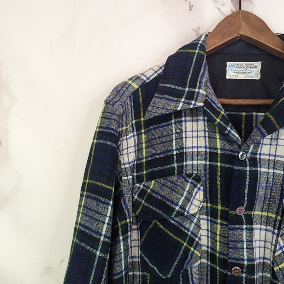 JC Penney Vintage Wool Button Up Shirt Size Large Men 70s Flannel Black Blue - Picture 2 of 12